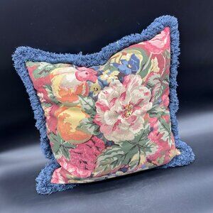 Vintage Floral Throw Pillow Pink Blue Fringe Decorative Feathers Cottage Granny